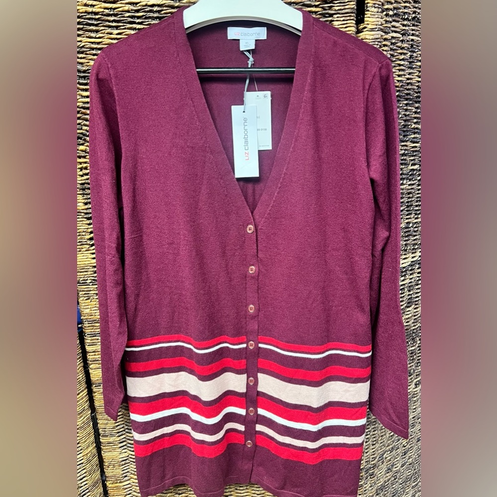 Liz Claiborne Maroon Cardigan Sweater with Bold Stripes- New with tags- XLarge